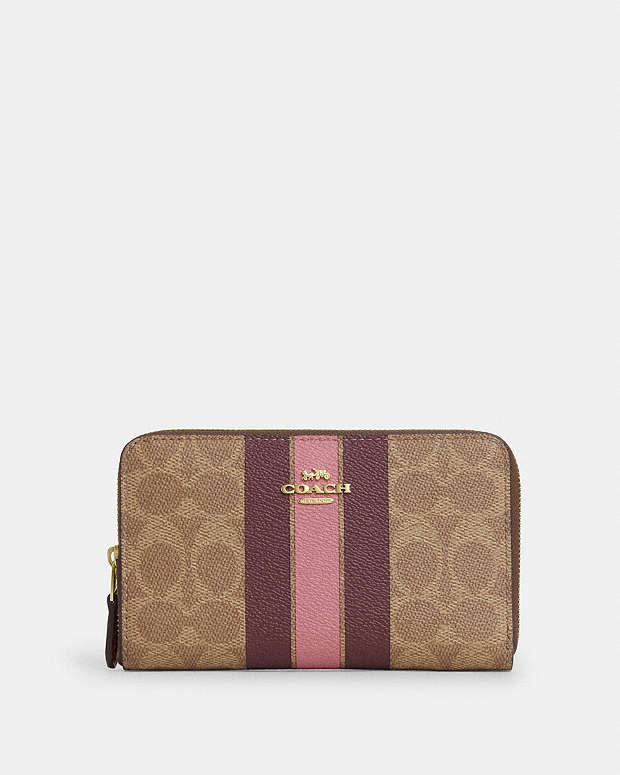 Medium Id Zip Wallet In Signature Canvas With Varsity Stripe Gold-Tan Multi Gold-Tan Multi