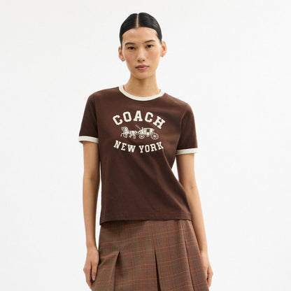 Coach Horse And Carriage Ringer T Shirt In Organic Cotton Brown