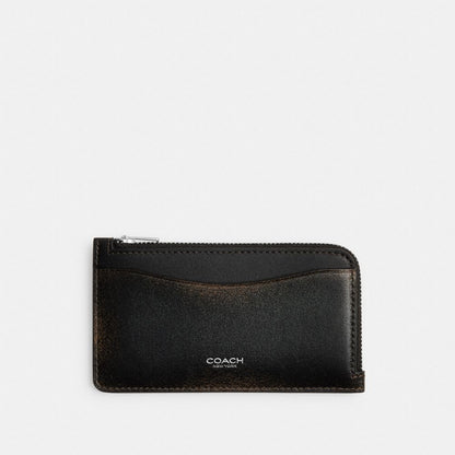 Coach New York Zip Card Case In Loved Leather Silver Black Brown