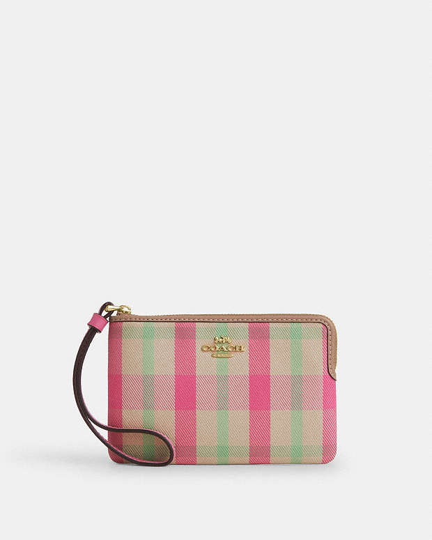 Corner Zip Wristlet With Plaid Print Gold-Pink Multi Gold-Pink Multi