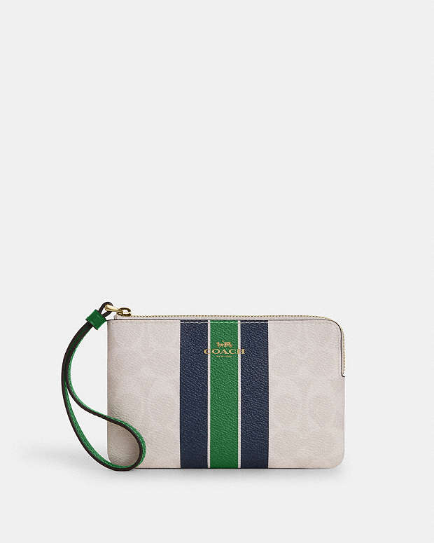 Corner Zip Wristlet In Signature Canvas With Varsity Stripe Im-Chalk-Kelly Multi Im-Chalk-Kelly Multi