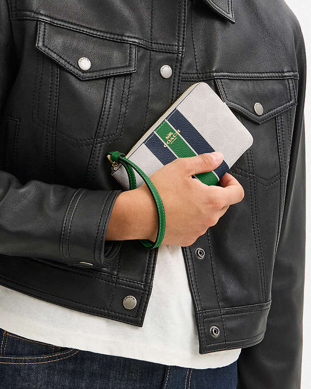 Corner Zip Wristlet In Signature Canvas With Varsity Stripe Im-Chalk-Kelly Multi Im-Chalk-Kelly Multi