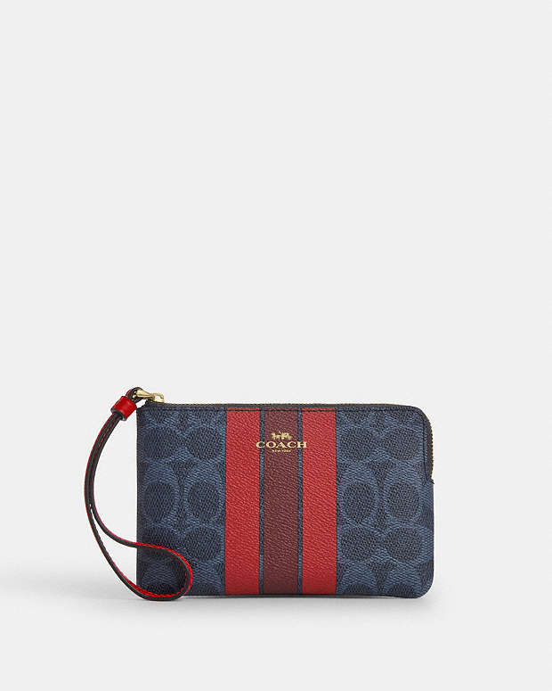 Corner Zip Wristlet In Signature Canvas With Varsity Stripe Im-Denim-Bold Red Im-Denim-Bold Red
