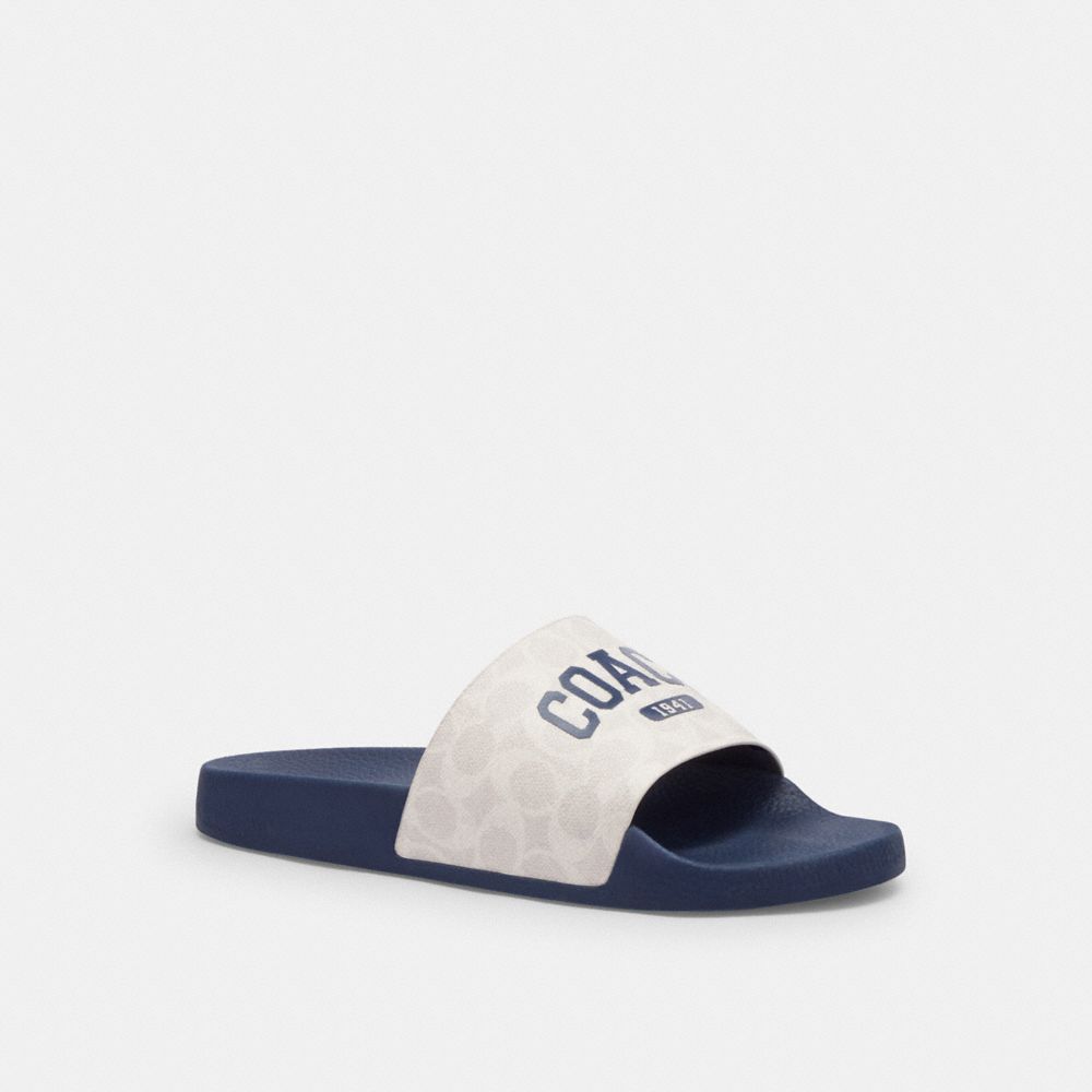 Coach Slide Sandal In Signature Canvas With Varsity Logo Deep Blue   Chalk