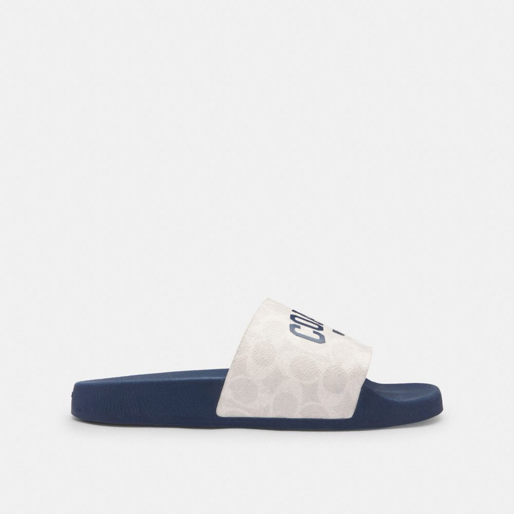 Coach Slide Sandal In Signature Canvas With Varsity Logo Deep Blue   Chalk
