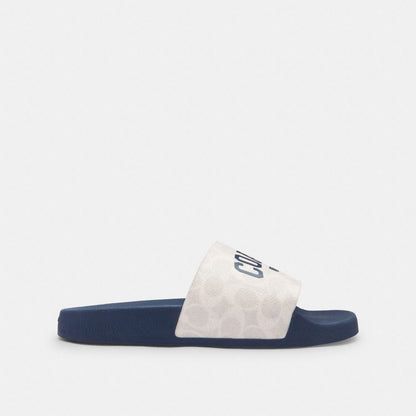 Coach Slide Sandal In Signature Canvas With Varsity Logo Deep Blue   Chalk