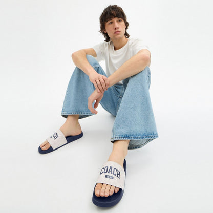 Coach Slide Sandal In Signature Canvas With Varsity Logo Deep Blue   Chalk