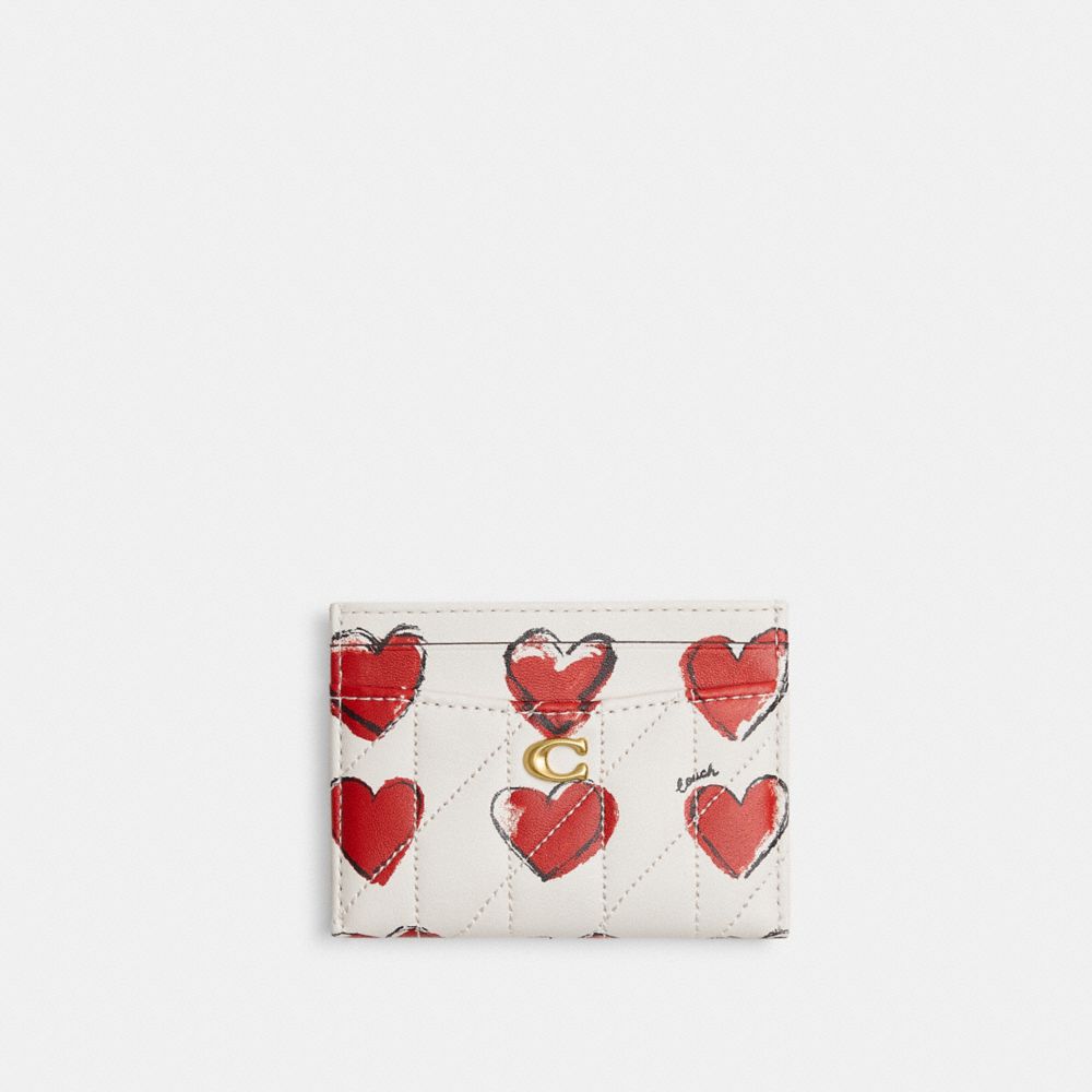 Coach Essential Card Case With Quilting And Heart Print Brass Chalk Multi