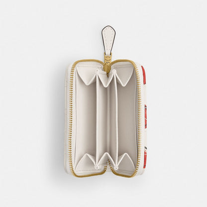 Coach Essential Small Zip Around Card Case With Quilting And Heart Print Brass Chalk Multi