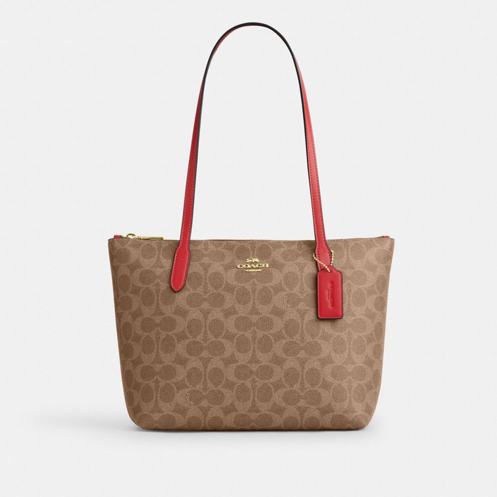 Coach Fiona Zip Tote Bag In Signature Canvas Gold Tan Carnation