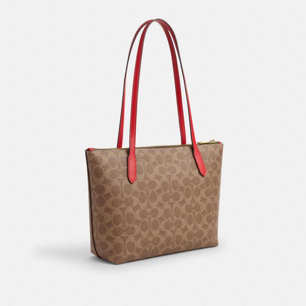 Coach Fiona Zip Tote Bag In Signature Canvas Gold Tan Carnation