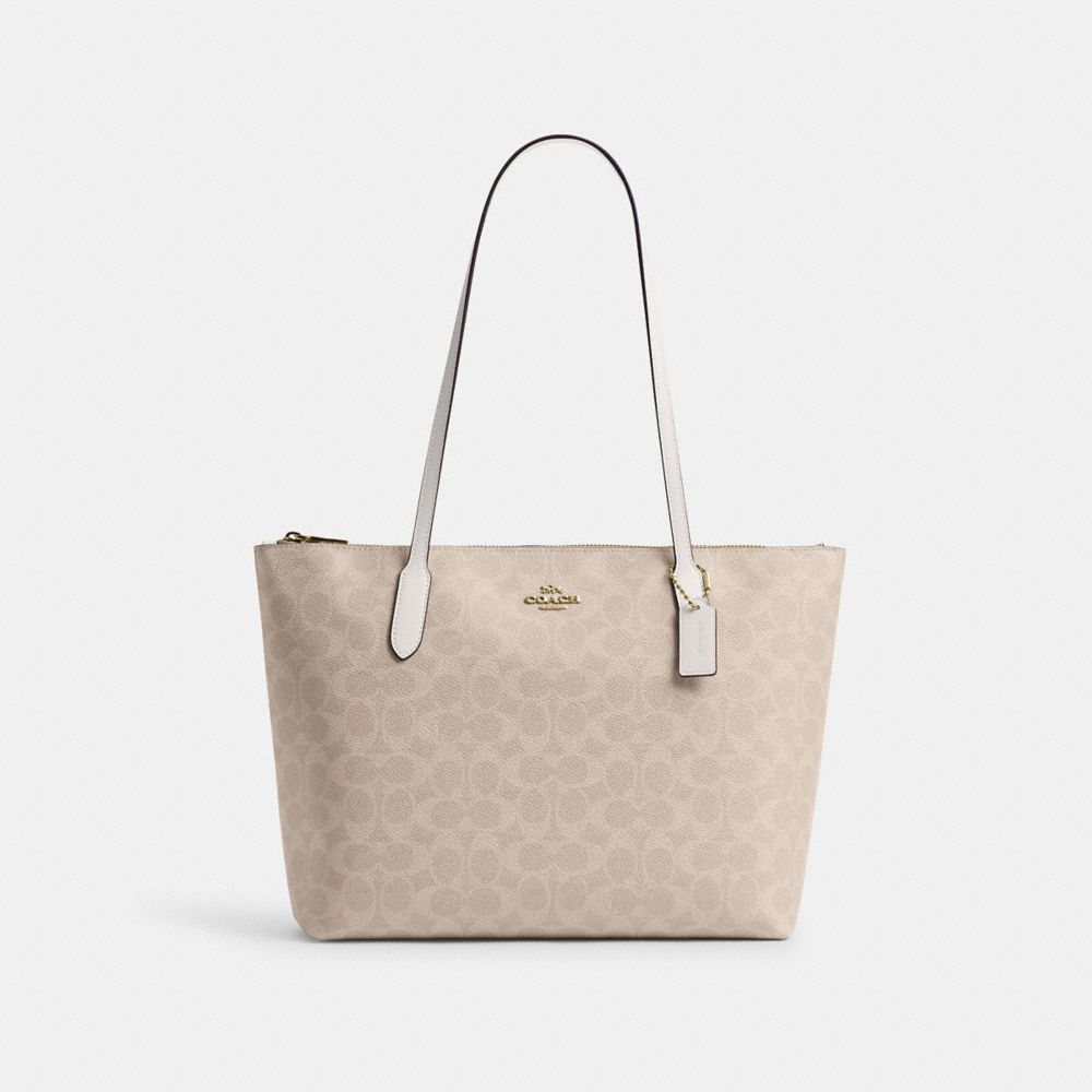 Zip Top Tote Bag In Signature Canvas Gold-Sand-Chalk Gold-Sand-Chalk