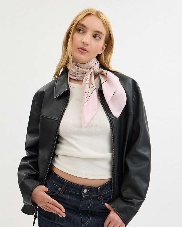 Signature Doodle Heart Print Silk Square Scarf Sand-Pink Sand-Pink
