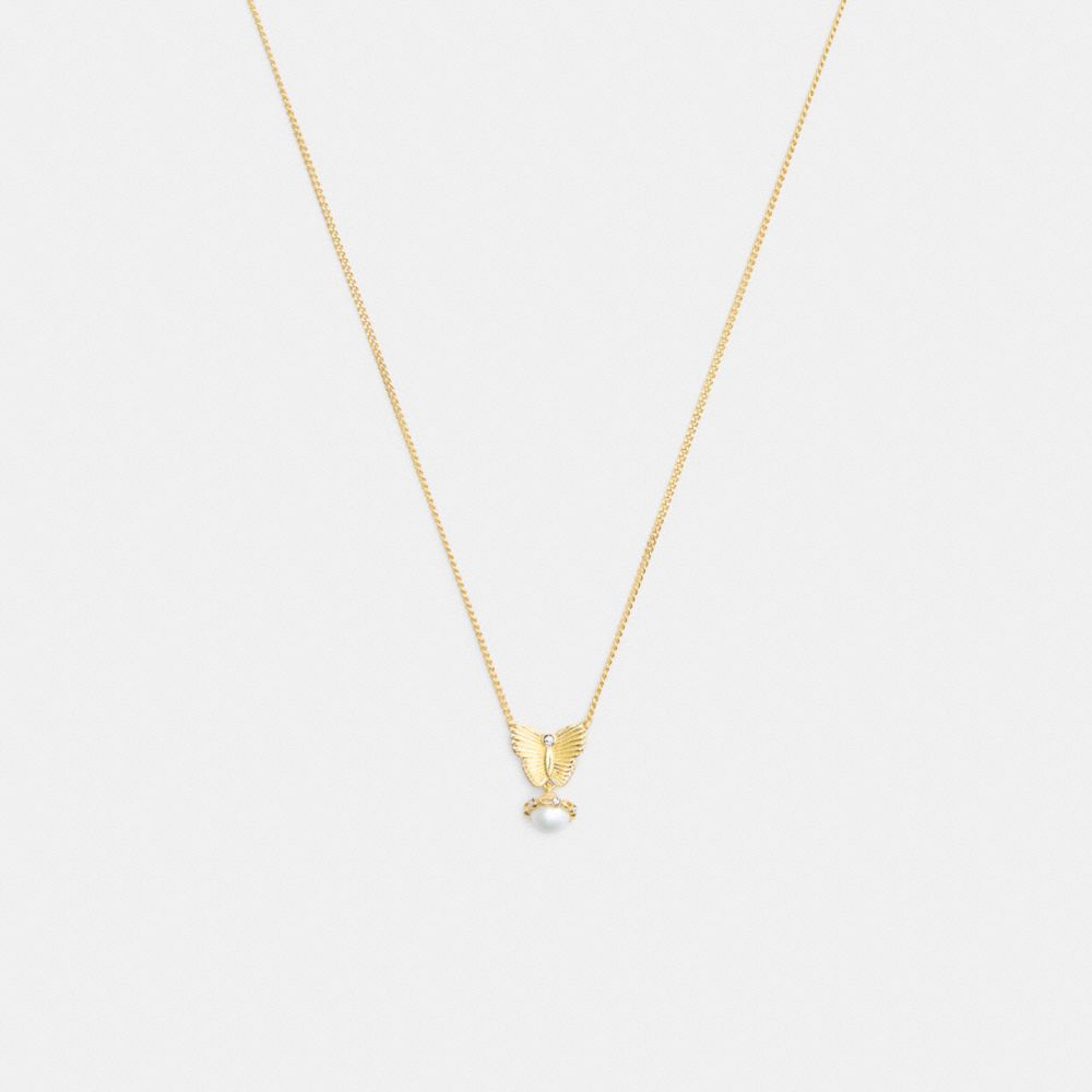 Coach Butterfly Pearl Pendant Necklace Gold