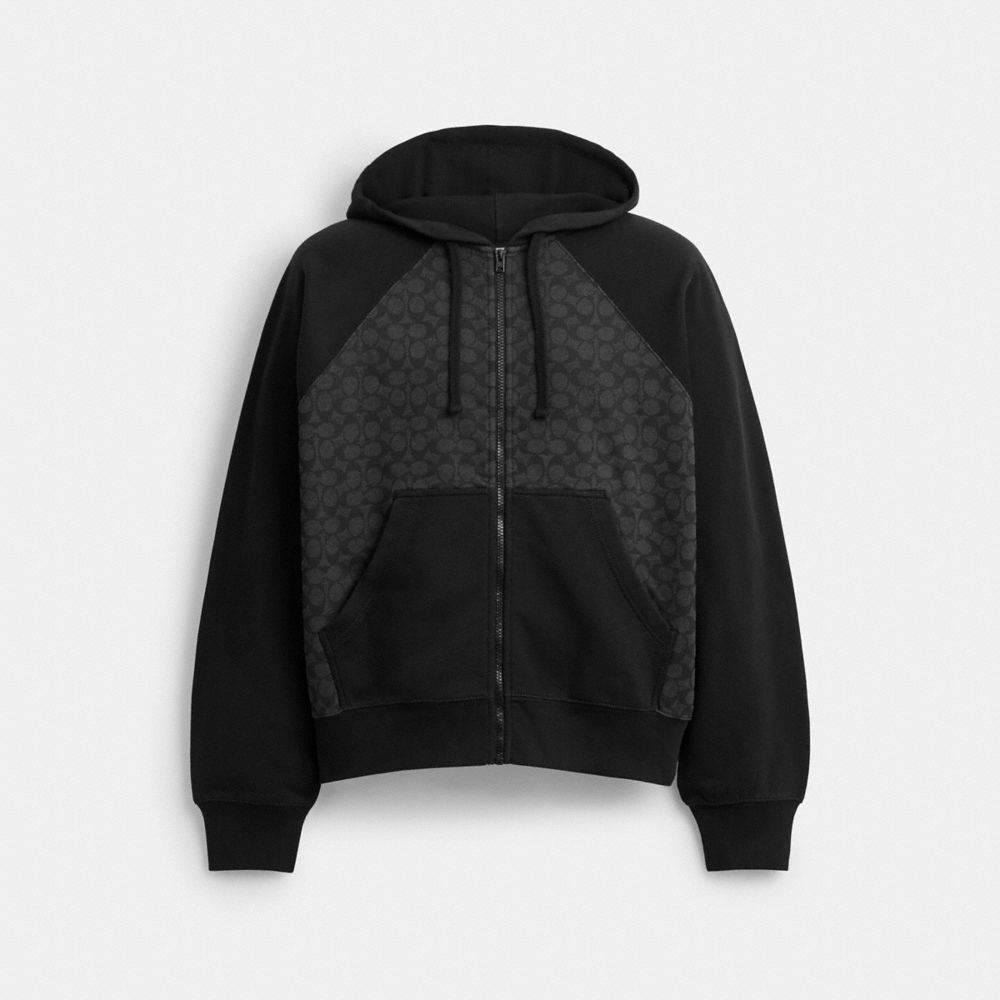 Coach Signature Full Zip Hoodie In Organic Cotton Charcoal Signature