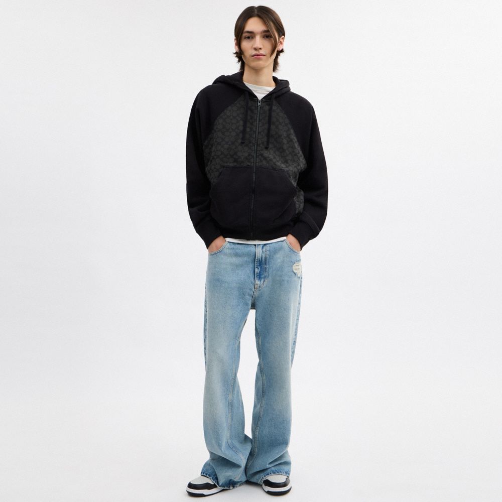 Coach Signature Full Zip Hoodie In Organic Cotton Charcoal Signature