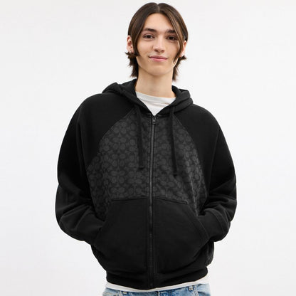 Coach Signature Full Zip Hoodie In Organic Cotton Charcoal Signature