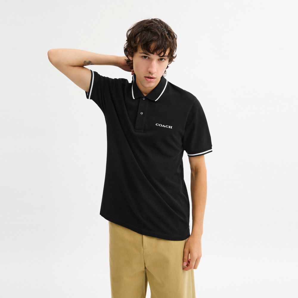 Coach Signature Trim Polo In Regenerative Cotton Black