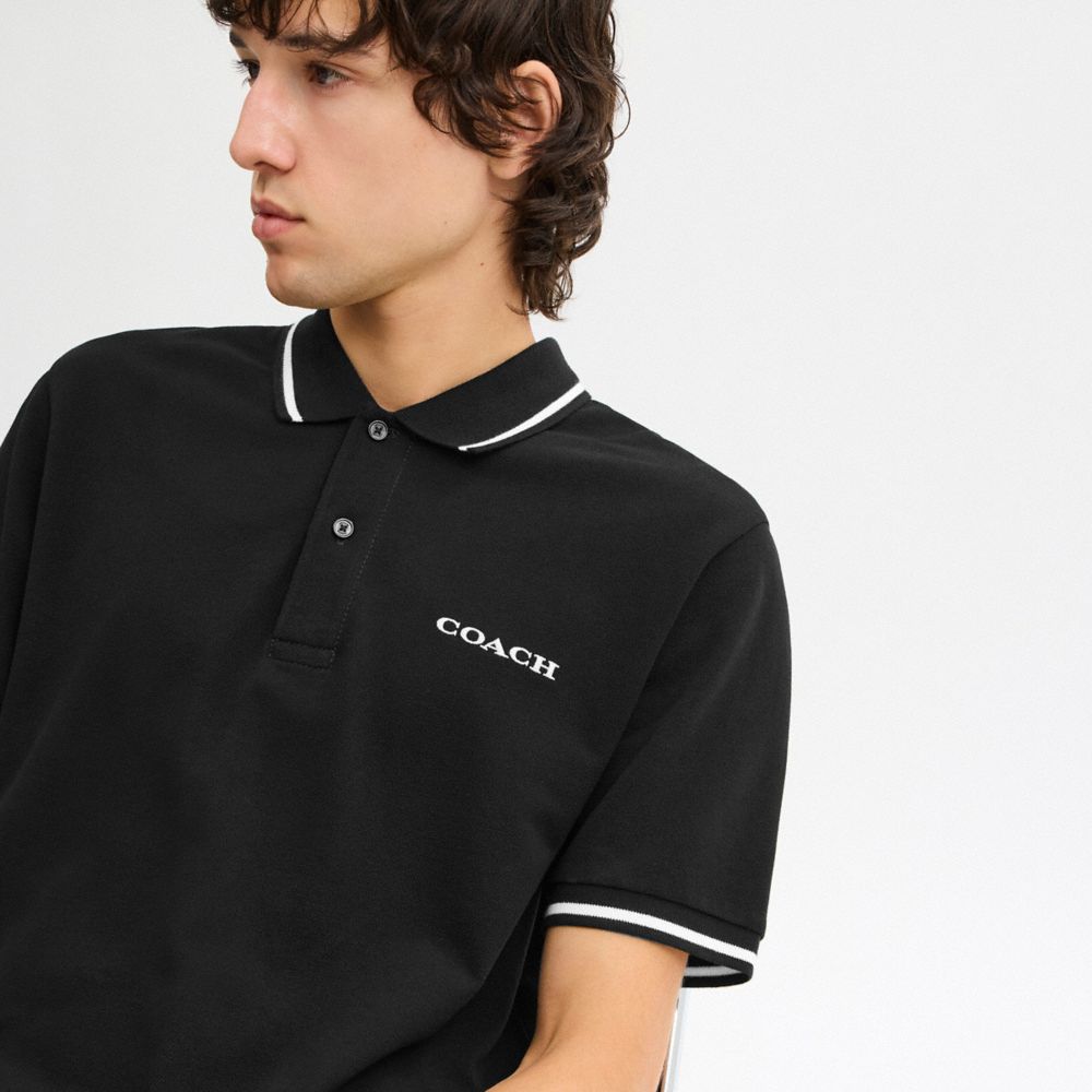 Coach Signature Trim Polo In Regenerative Cotton Black