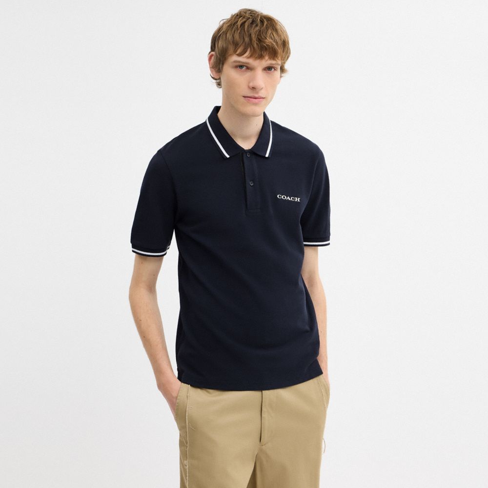 Coach Signature Trim Polo In Organic Cotton Navy
