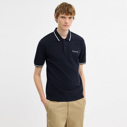 Coach Signature Trim Polo In Organic Cotton Navy