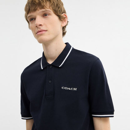 Coach Signature Trim Polo In Organic Cotton Navy