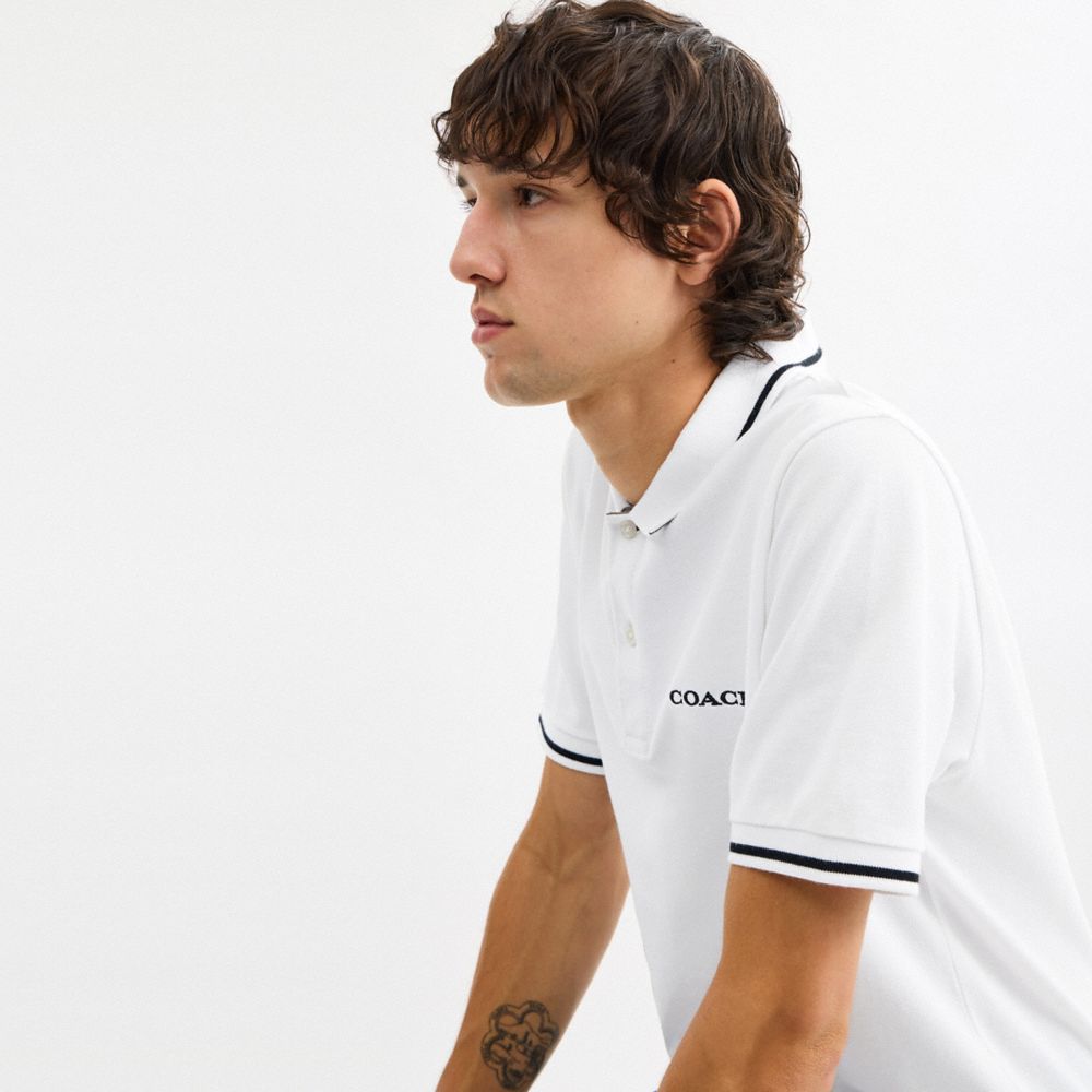 Coach Signature Trim Polo In Regenerative Cotton White