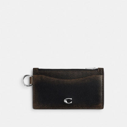 Coach Zip Card Case In Loved Leather Black Light Tan