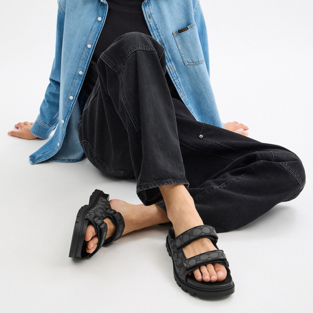 Coach Double Banded Sandal In Signature Jacquard Charcoal Black