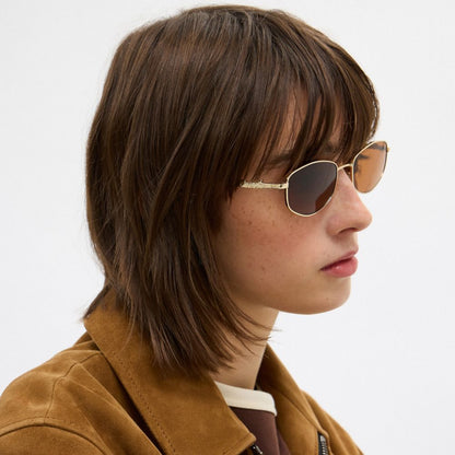 Coach Coach Script Metal Narrow Rectangle Sunglasses Brown Gold