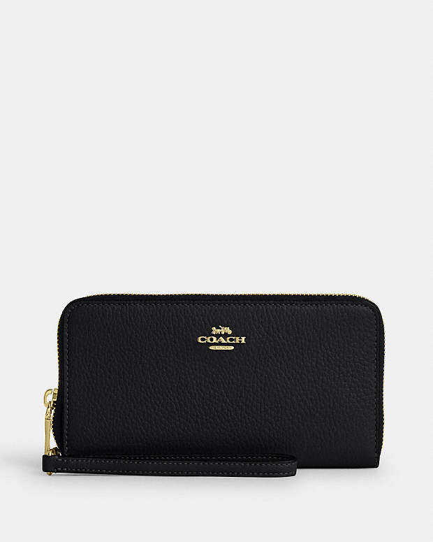 Long Zip Around Wallet With Detachable Card Case Pebbled Leather-Gold-Black Pebbled Leather-Gold-Black