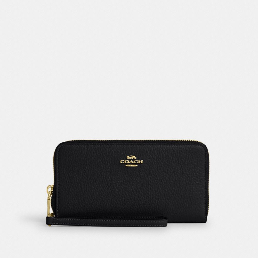 Coach Long Zip Around Wallet With Detachable Card Case Gold Black