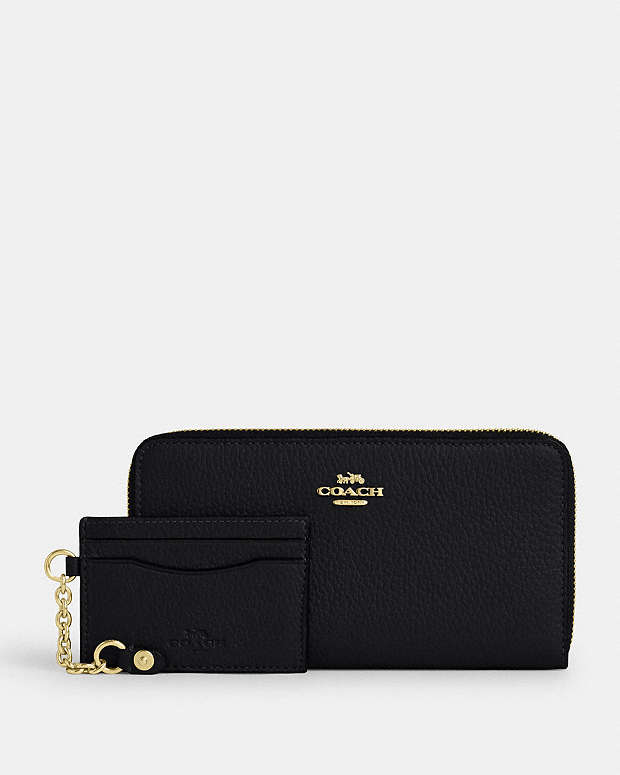 Long Zip Around Wallet With Detachable Card Case Pebbled Leather-Gold-Black Pebbled Leather-Gold-Black