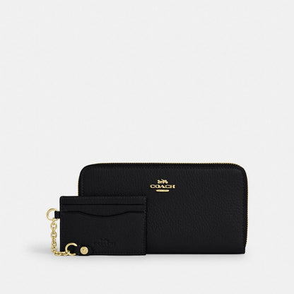 Coach Long Zip Around Wallet With Detachable Card Case Gold Black