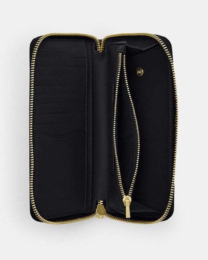 Long Zip Around Wallet With Detachable Card Case Pebbled Leather-Gold-Black Pebbled Leather-Gold-Black