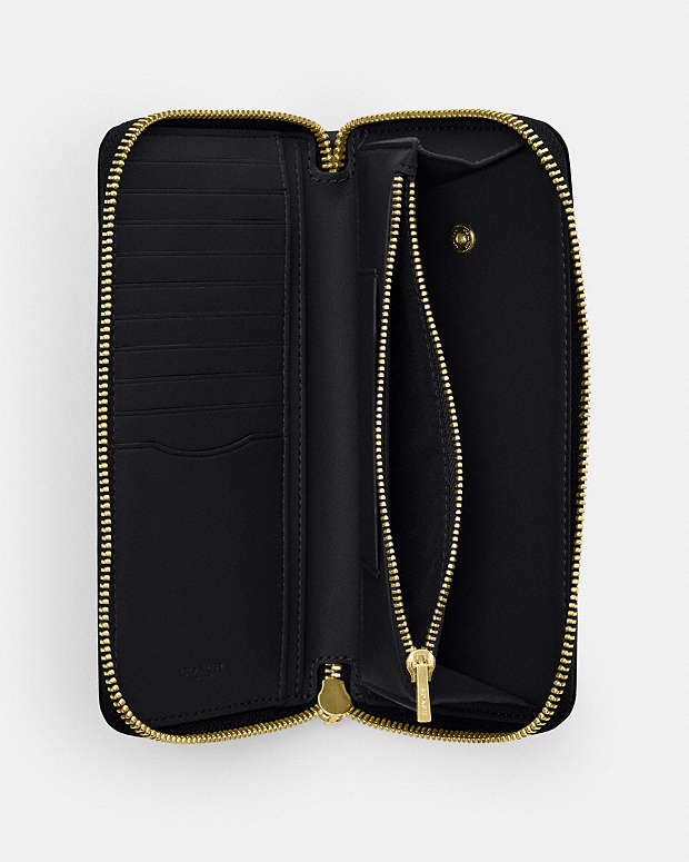 Long Zip Around Wallet With Detachable Card Case Pebbled Leather-Gold-Black Pebbled Leather-Gold-Black