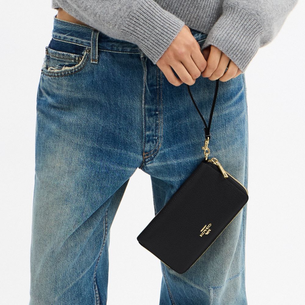 Coach Long Zip Around Wallet With Detachable Card Case Gold Black