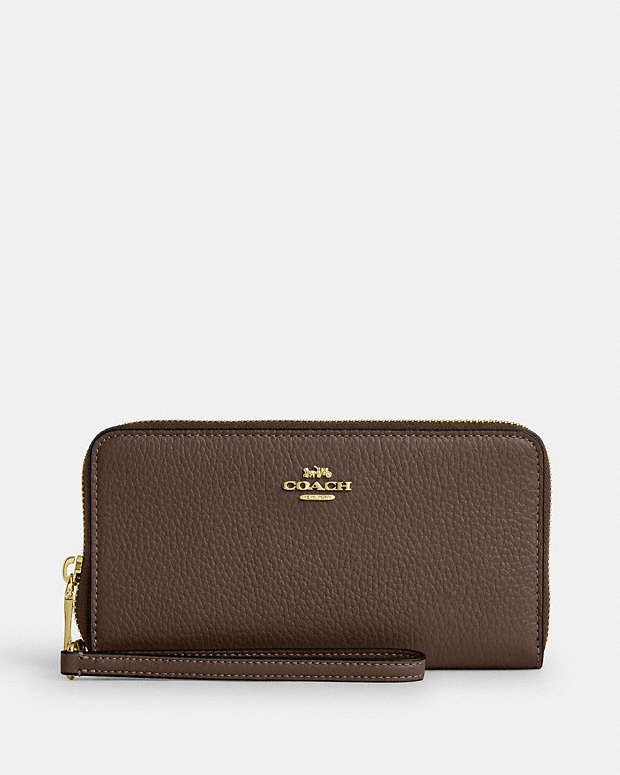 Long Zip Around Wallet With Detachable Card Case Pebbled Leather-Gold-Dark Stone Pebbled Leather-Gold-Dark Stone