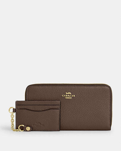 Long Zip Around Wallet With Detachable Card Case Pebbled Leather-Gold-Dark Stone Pebbled Leather-Gold-Dark Stone