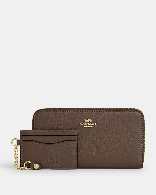 Long Zip Around Wallet With Detachable Card Case Pebbled Leather-Gold-Dark Stone Pebbled Leather-Gold-Dark Stone