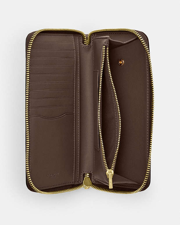 Long Zip Around Wallet With Detachable Card Case Pebbled Leather-Gold-Dark Stone Pebbled Leather-Gold-Dark Stone