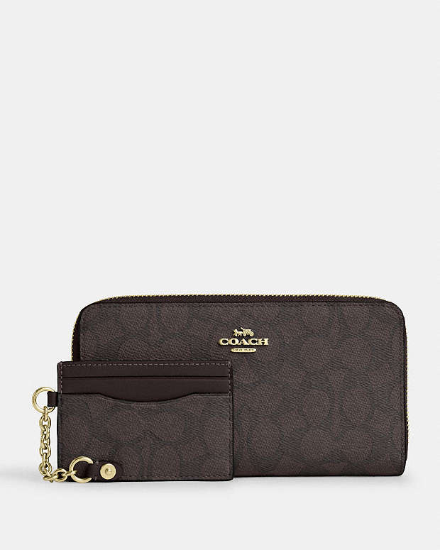 Long Zip Around Wallet With Detachable Card Case In Signature Canvas Signature Canvas-Gold-Walnut-Black Signature Canvas-Gold-Walnut-Black