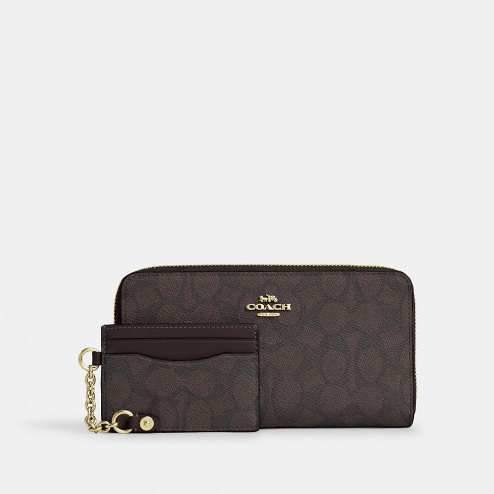 Coach Long Zip Around Wallet With Detachable Card Case In Signature Canvas Gold Walnut Black