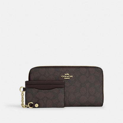 Coach Long Zip Around Wallet With Detachable Card Case In Signature Canvas Gold Walnut Black