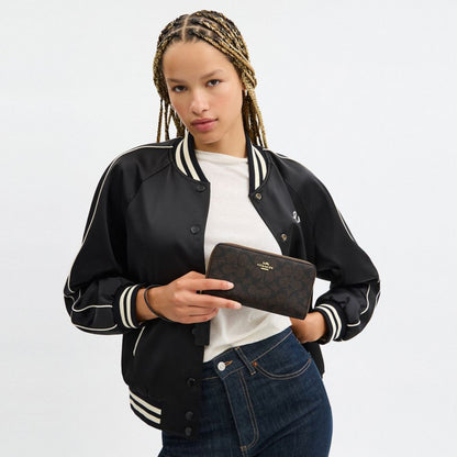 Coach Long Zip Around Wallet With Detachable Card Case In Signature Canvas Gold Walnut Black