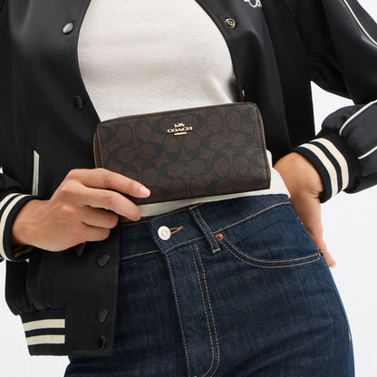 Coach Long Zip Around Wallet With Detachable Card Case In Signature Canvas Gold Walnut Black