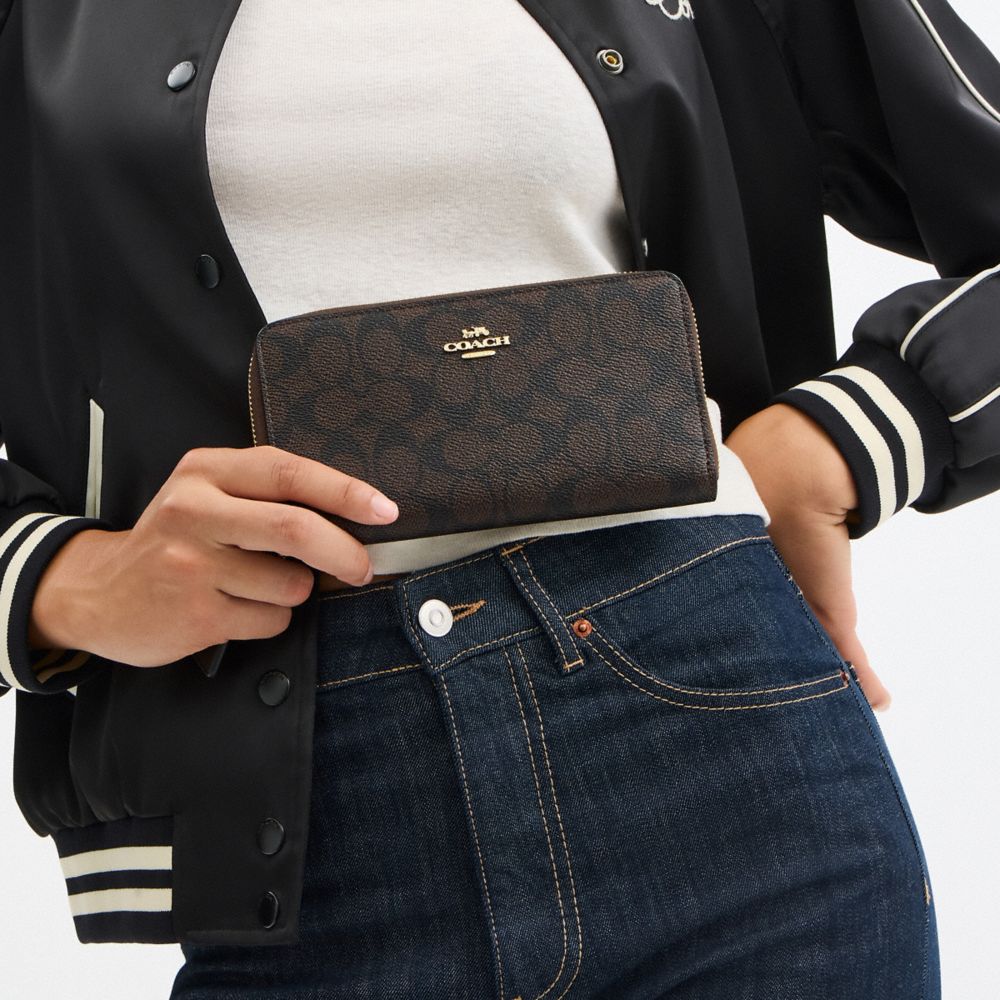 Coach Long Zip Around Wallet With Detachable Card Case In Signature Canvas Gold Walnut Black