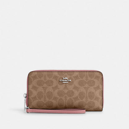 Coach Long Zip Around Wallet With Detachable Card Case In Signature Canvas Sv Tan Dusty Pink