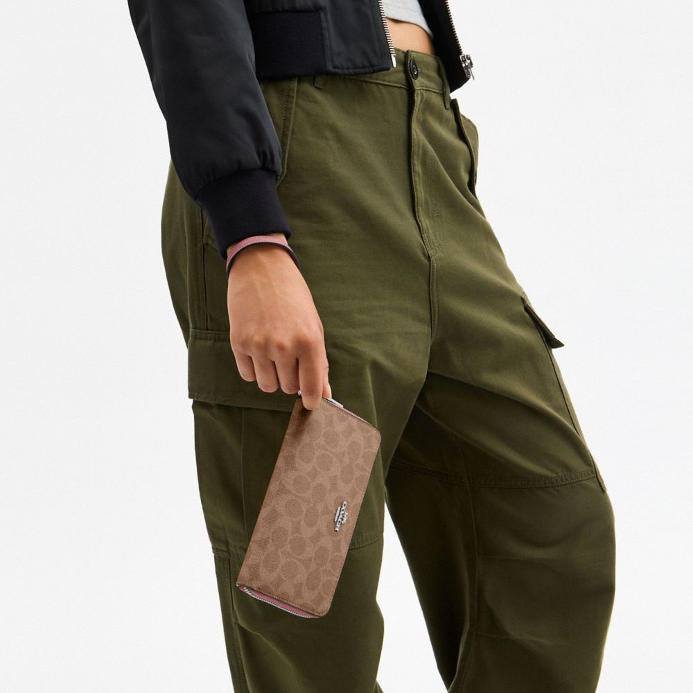 Coach Long Zip Around Wallet With Detachable Card Case In Signature Canvas Sv Tan Dusty Pink