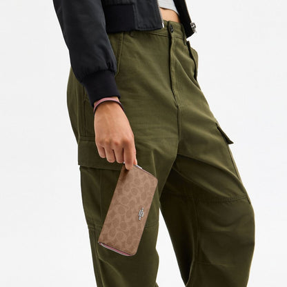 Coach Long Zip Around Wallet With Detachable Card Case In Signature Canvas Sv Tan Dusty Pink